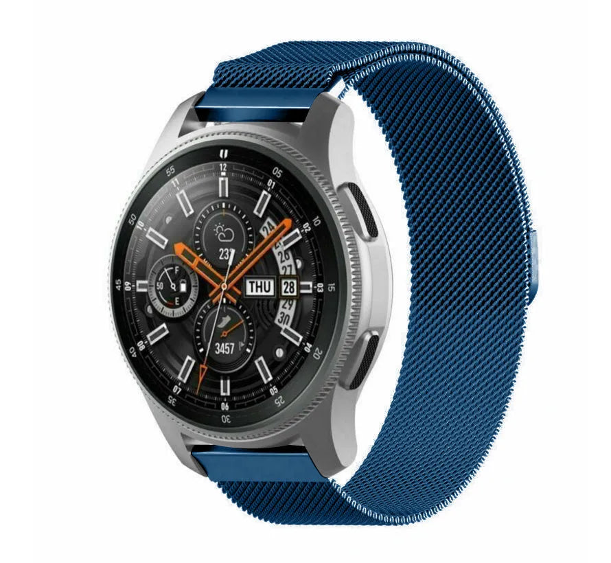 Milanese Strap, blue, on a watch, 3/4 front view