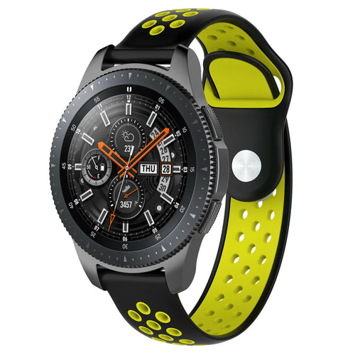 Silicone Sport Strap, black/yellow, on a watch, 3/4 front view
