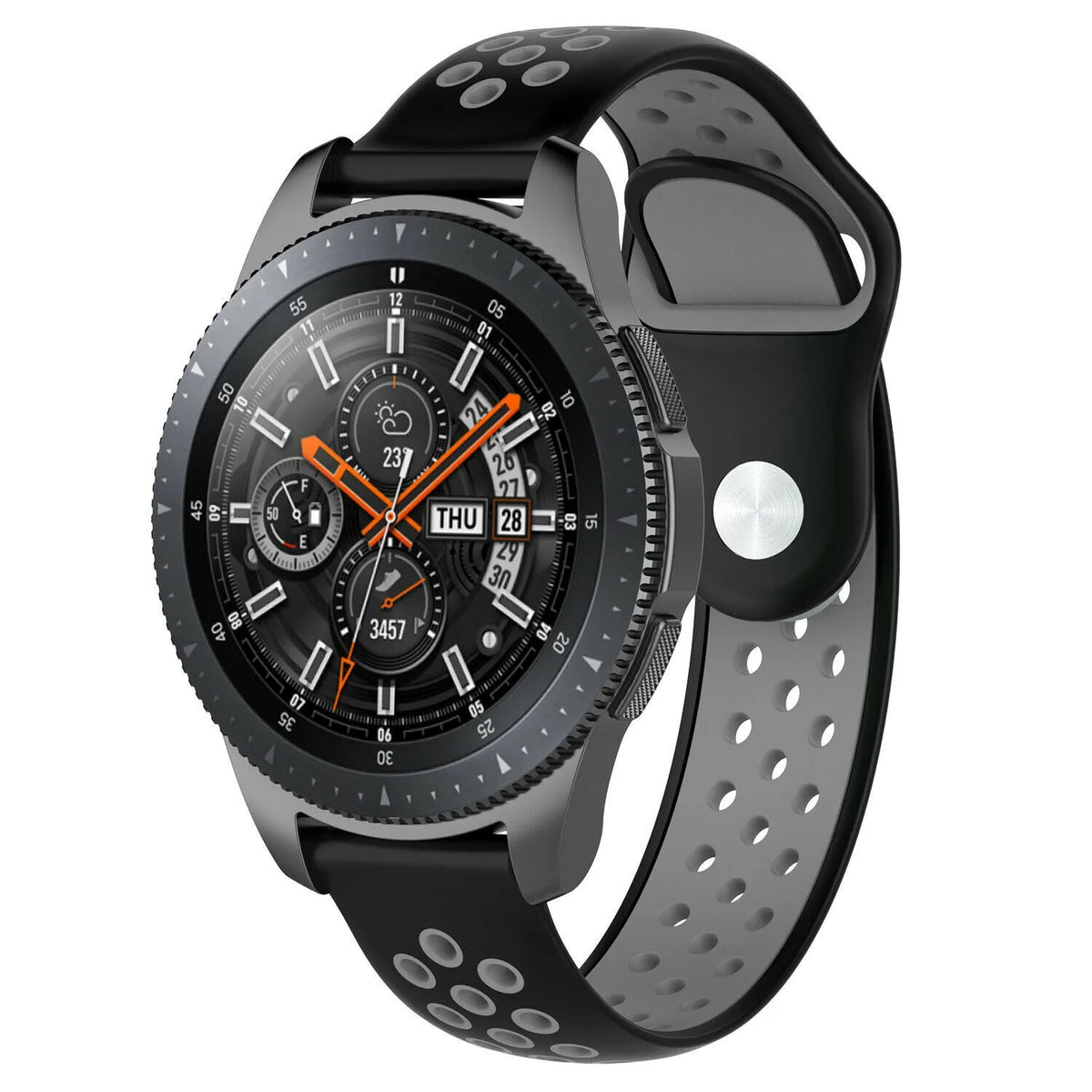 Silicone Sport Strap, black/grey, on a watch, 3/4 front view