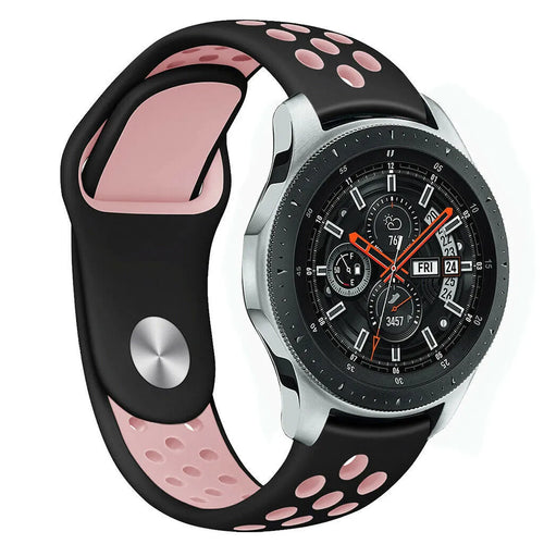 Silicone Sport Strap, black/pink, on a watch, 3/4 front view