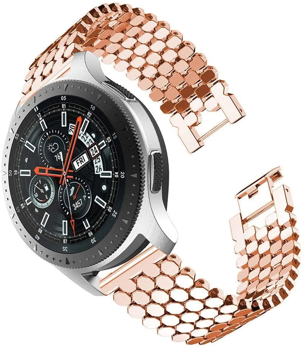 Steel Strap Hexagons, rose gold, on a watch, 3/4 front view