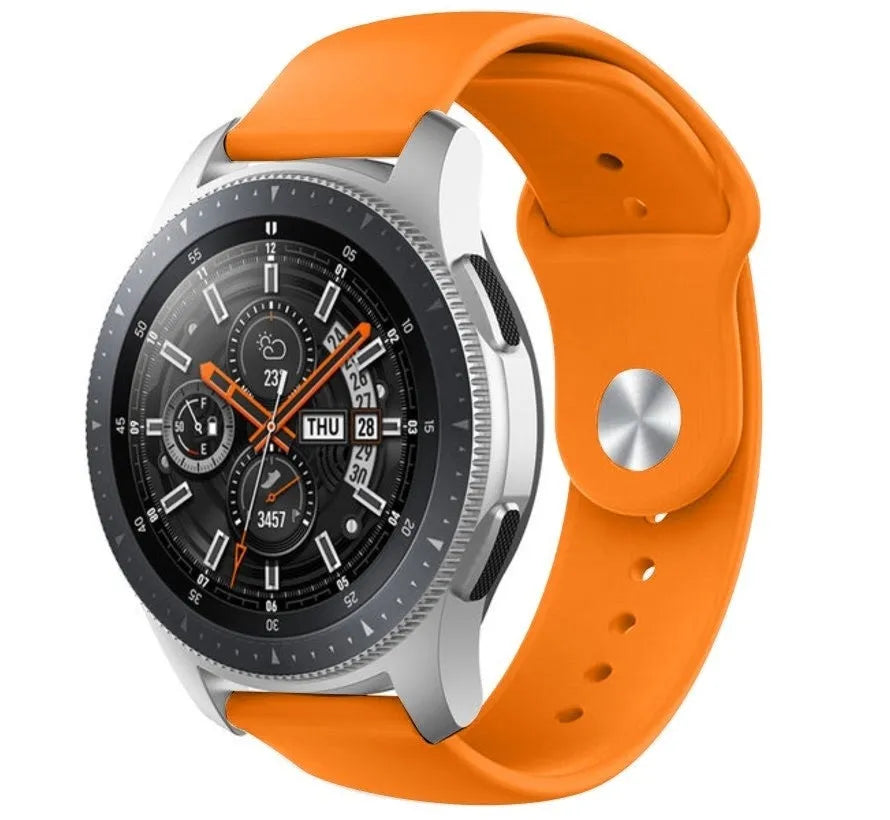Silicone Sport Strap, orange, on a watch, 3/4 front view