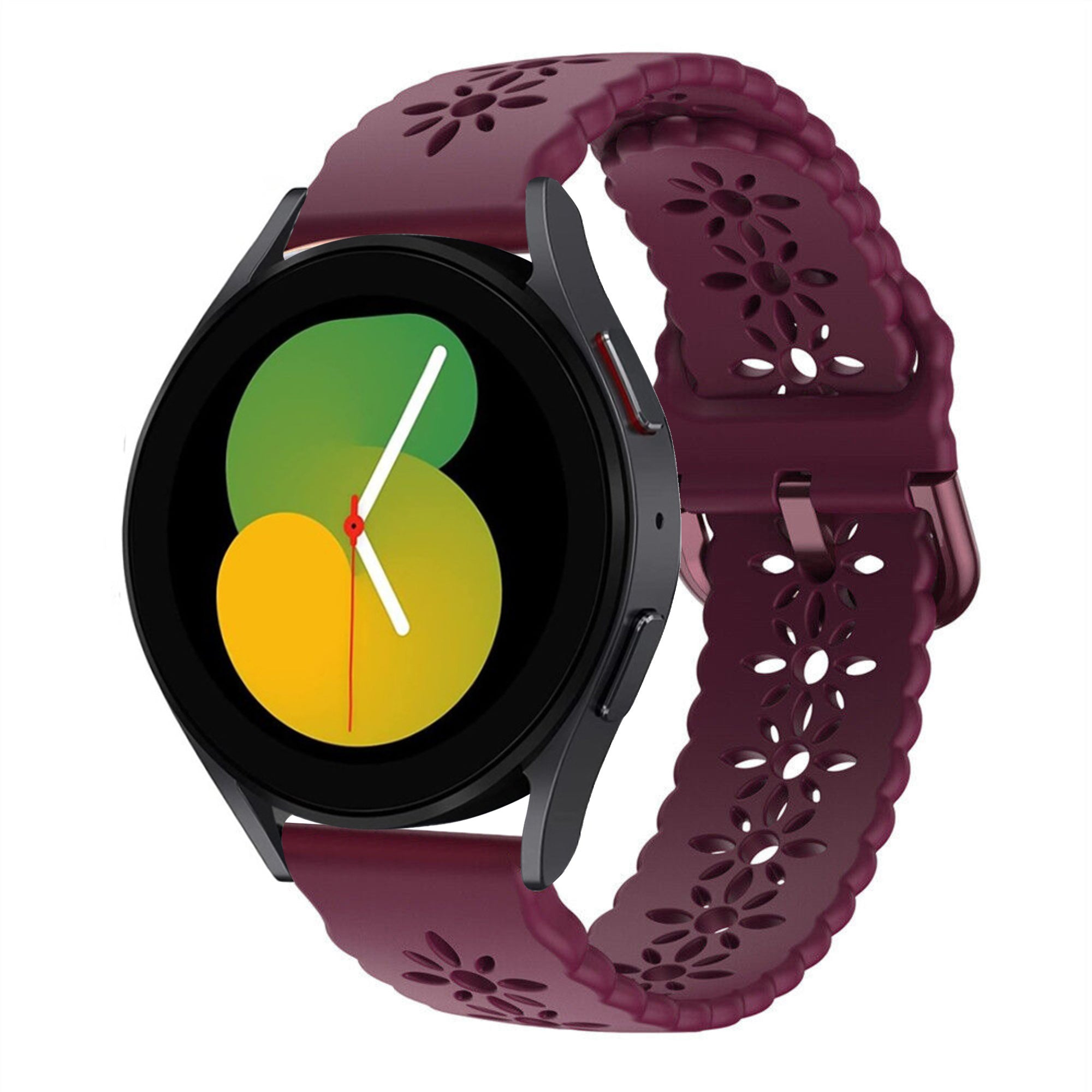 Patterned Silicone Strap, burgundy, on a watch, 3/4 front view