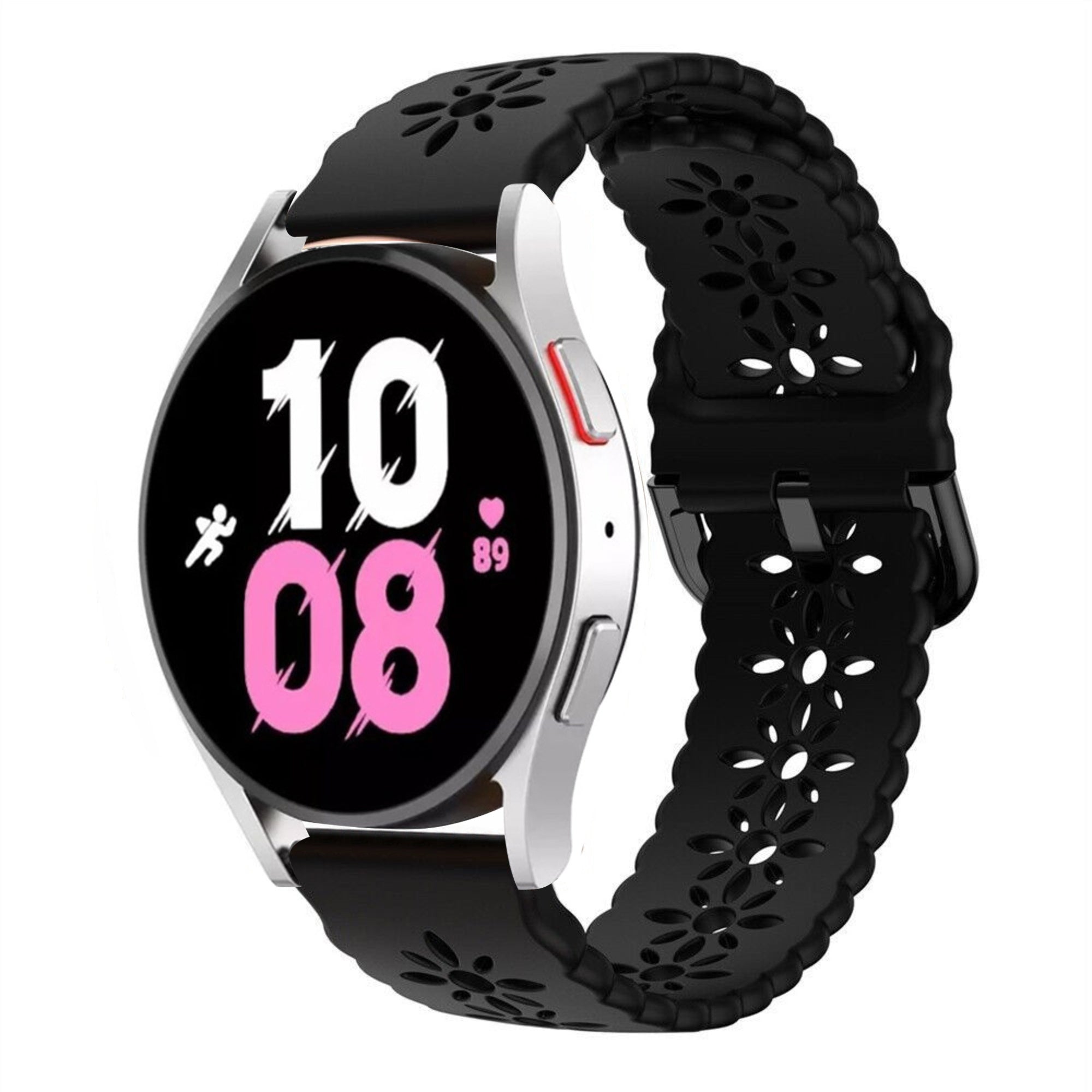 Patterned Silicone Strap, black, on a watch, 3/4 front view