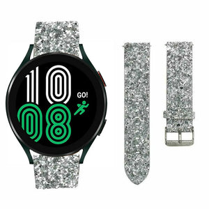 Leather Strap with Glitters, silver, on a watch, 3/4 front view