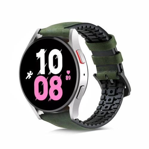 Leather Hybrid Strap, green, on a watch, 3/4 front view