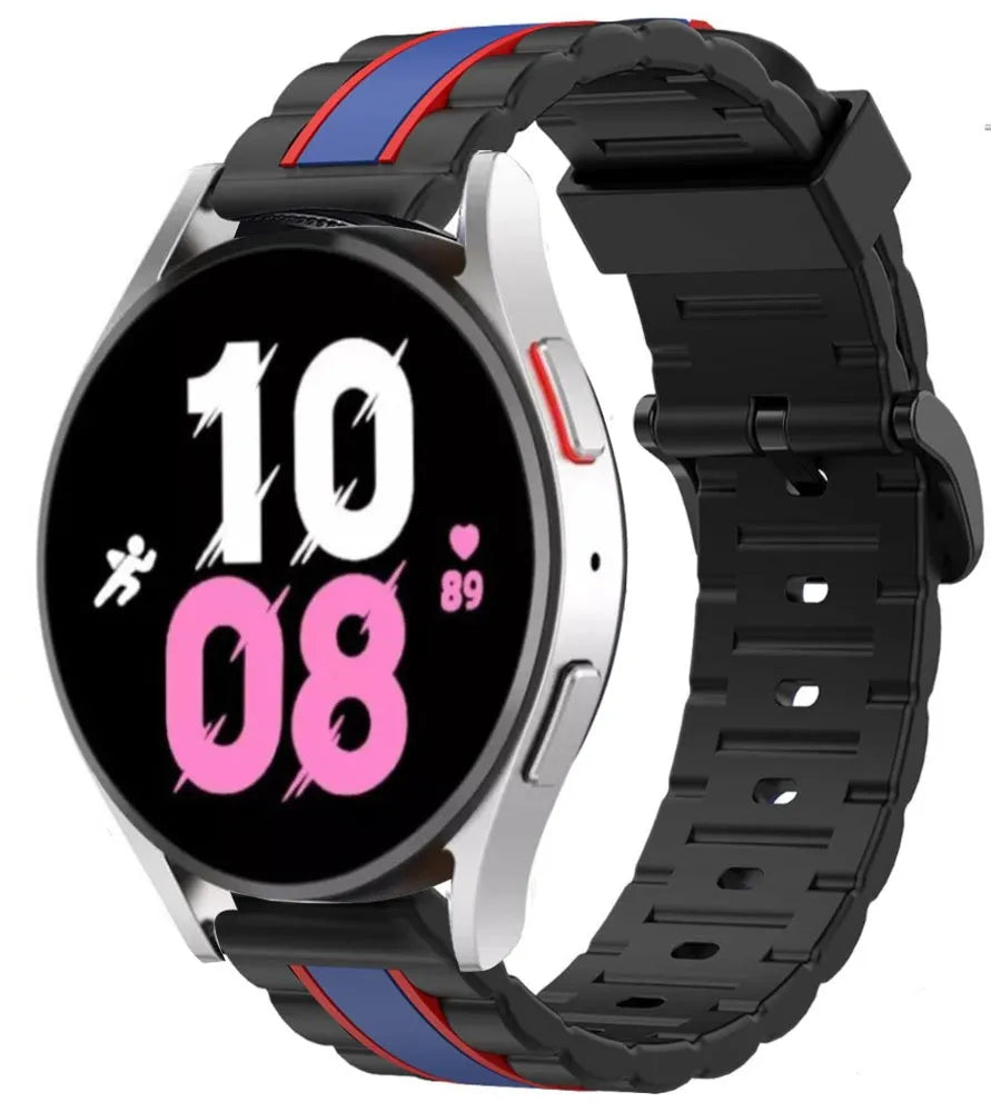 Silicone Special Edition Strap, black/blue, on a watch, 3/4 front view