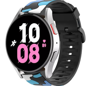Silicone Camo Strap, blue, on a watch, 3/4 front view
