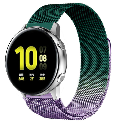 Milanese Strap, purple/green, on a watch, 3/4 front view