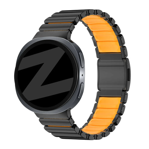 Titanium Strap 'Hybrid', black/orange, on a watch, 3/4 front view