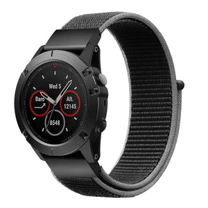 Nylon Strap, charcoal, on a watch, 3/4 front view