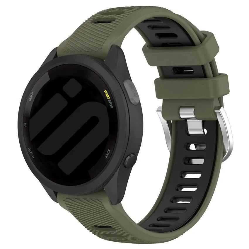 Silicone Buckled Sport Strap, olive green/black, on a watch, 3/4 front view