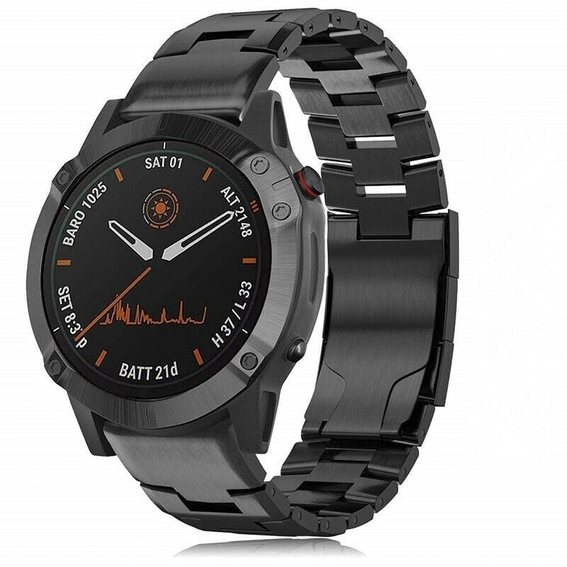 Titanium Strap, black, on a watch, 3/4 front view