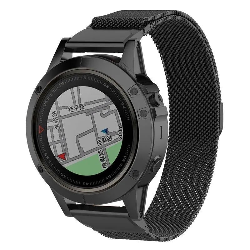 Milanese Strap, black, on a watch, 3/4 front view
