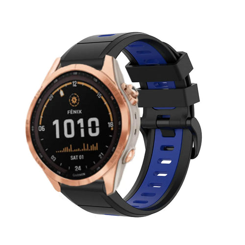 Silicone Sport Buckle Strap, black/blue, on a watch, 3/4 front view