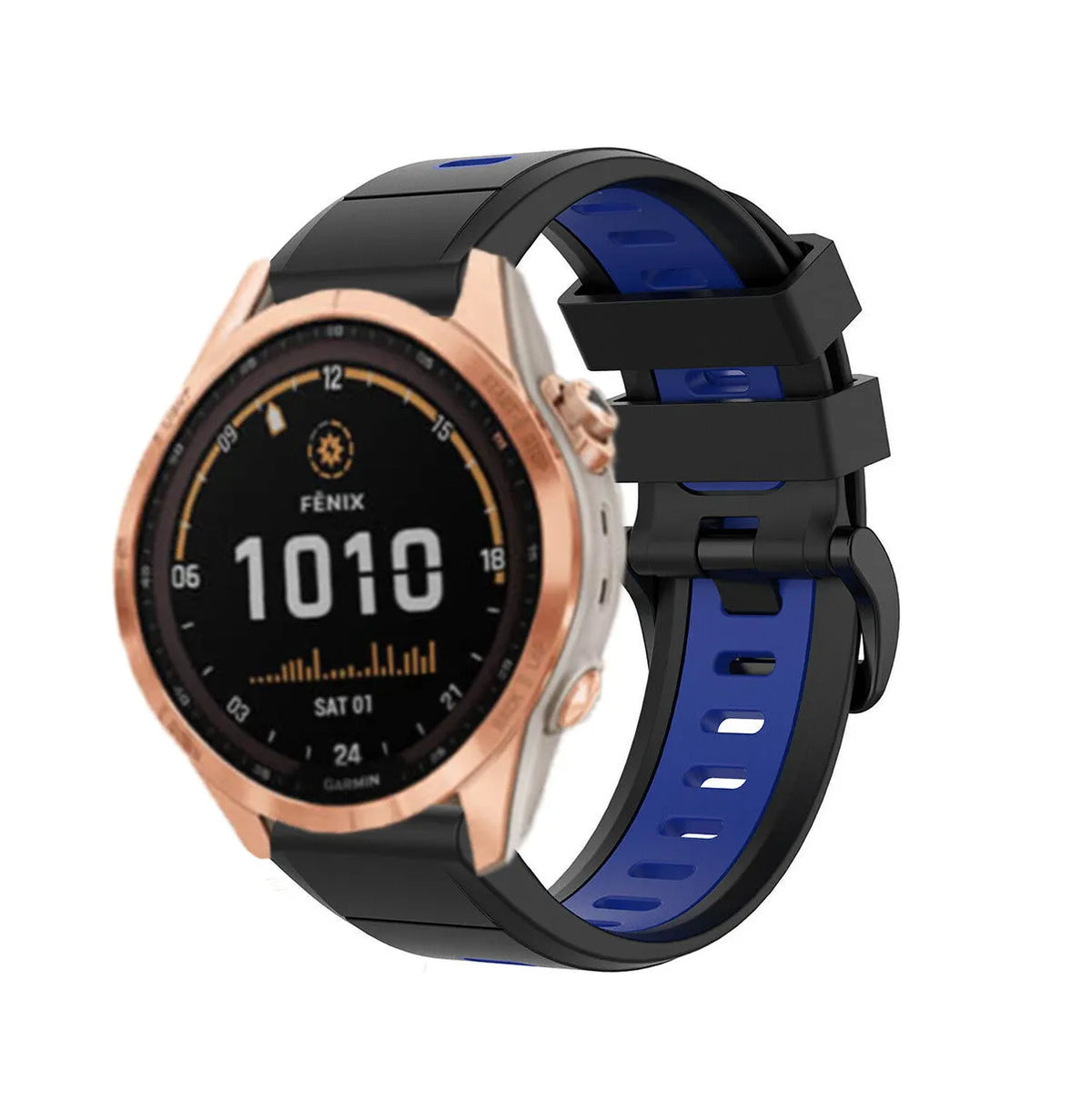 Silicone Sport Buckle Strap, black/blue, on a watch, 3/4 front view