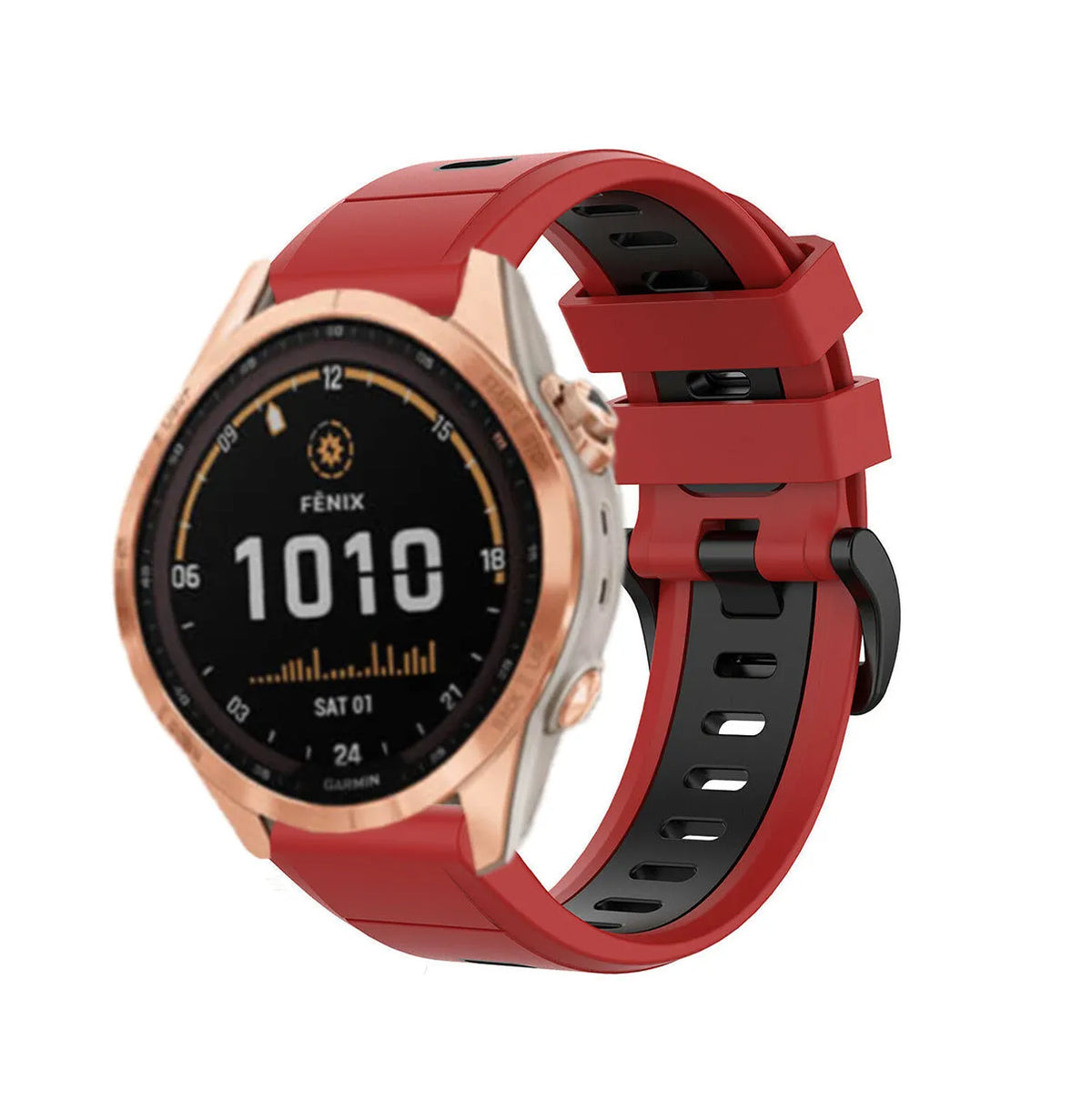 Silicone Sport Buckle Strap, red/black, on a watch, 3/4 front view