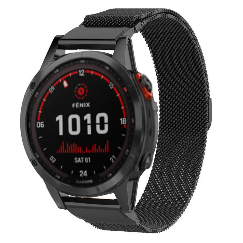 Milanese Strap, black, on a watch, 3/4 front view