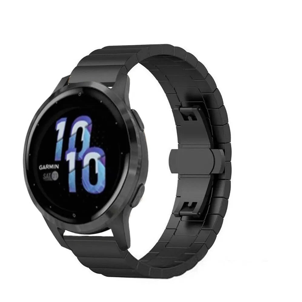 Metal Strap, black, on a watch, 3/4 front view
