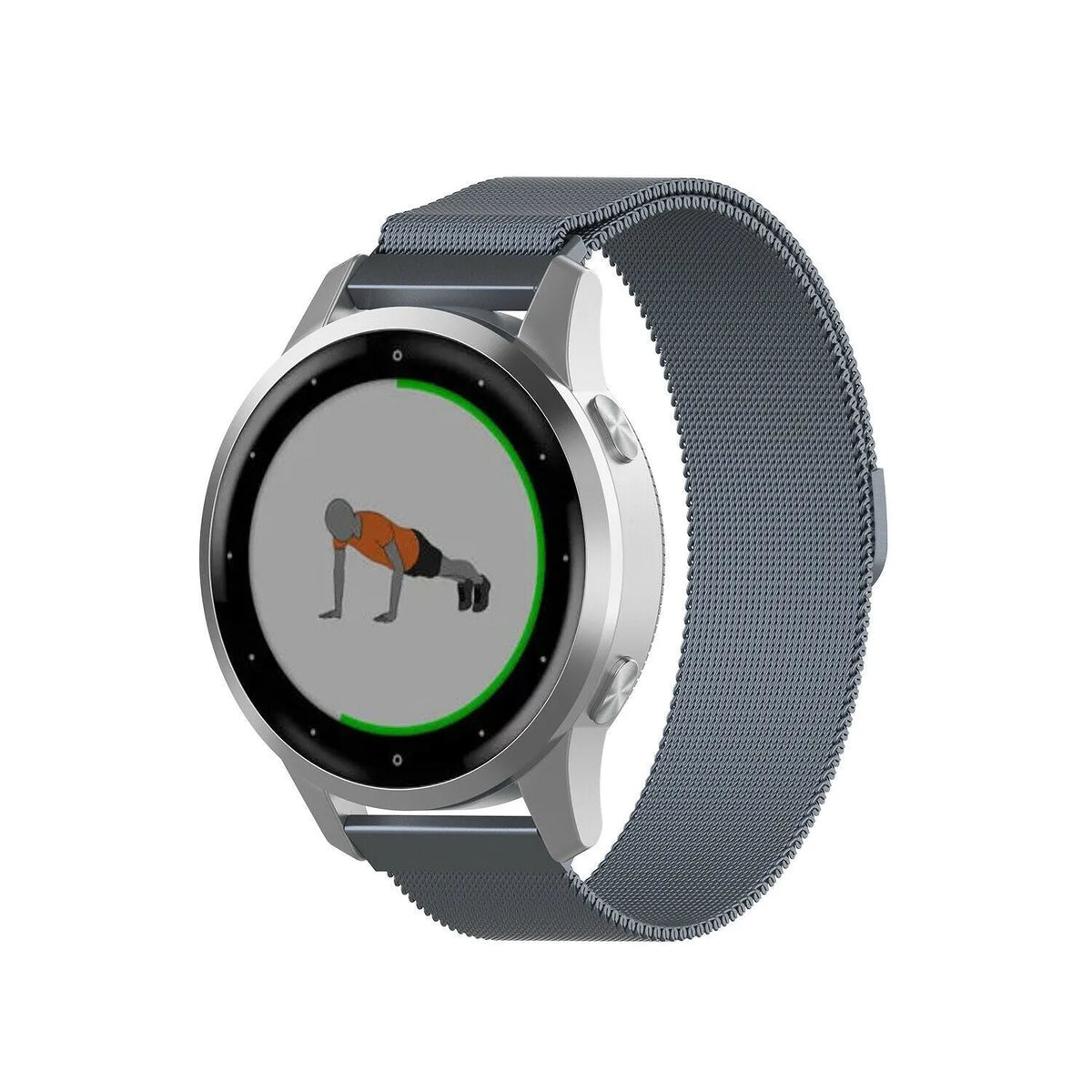 Milanese Strap, grey, on a watch, 3/4 front view