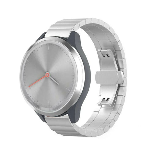 Metal Strap, silver, on a watch, 3/4 front view