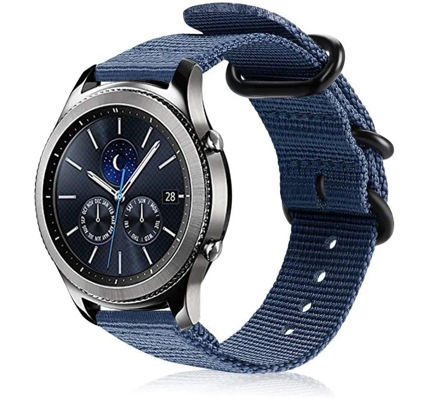 Nylon Buckle Strap, blue, on a watch, 3/4 front view