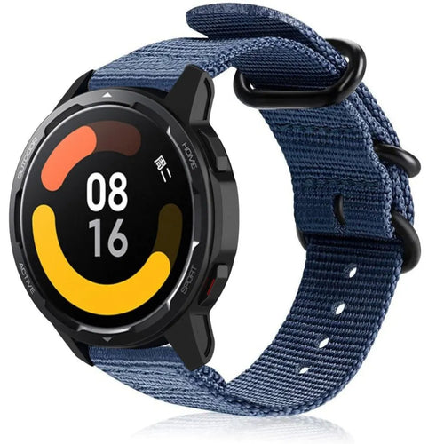Nylon Buckle Strap, blue, on a watch, 3/4 front view
