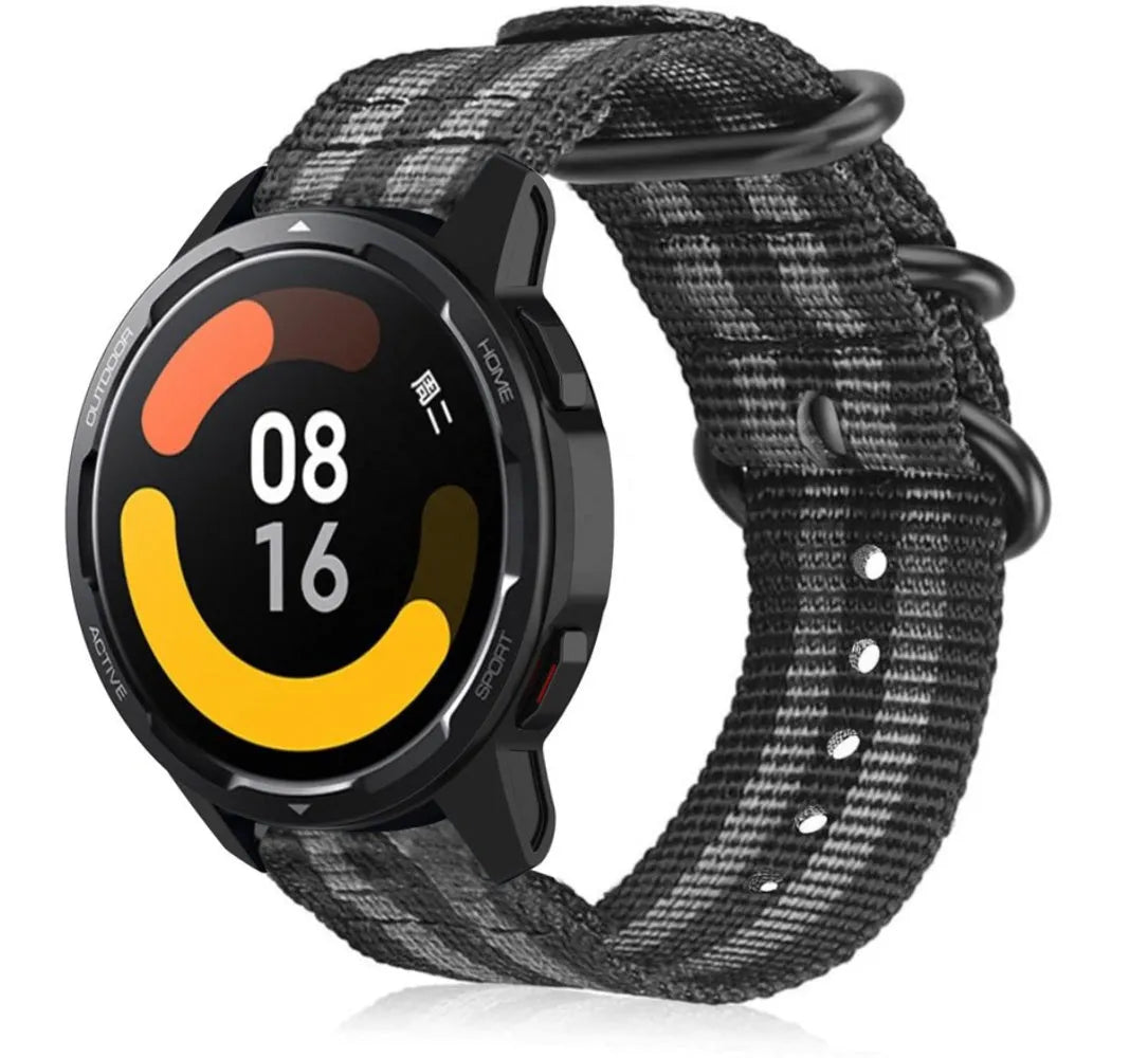 Nylon Buckle Strap, black/grey, on a watch, 3/4 front view