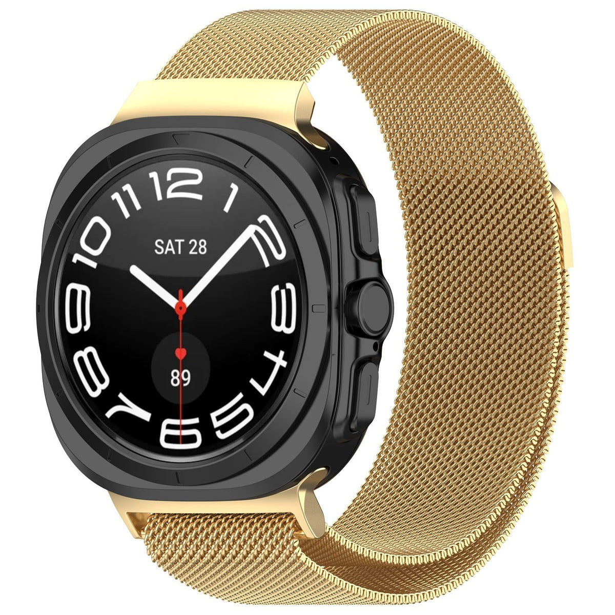 Milanese Strap, gold, on a watch, 3/4 front view