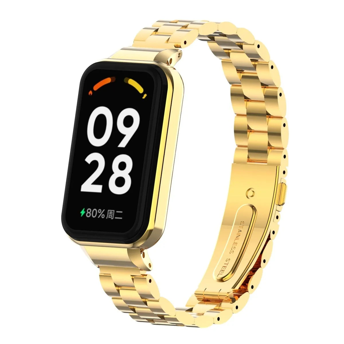 Steel Strap, gold, on a watch, 3/4 front view