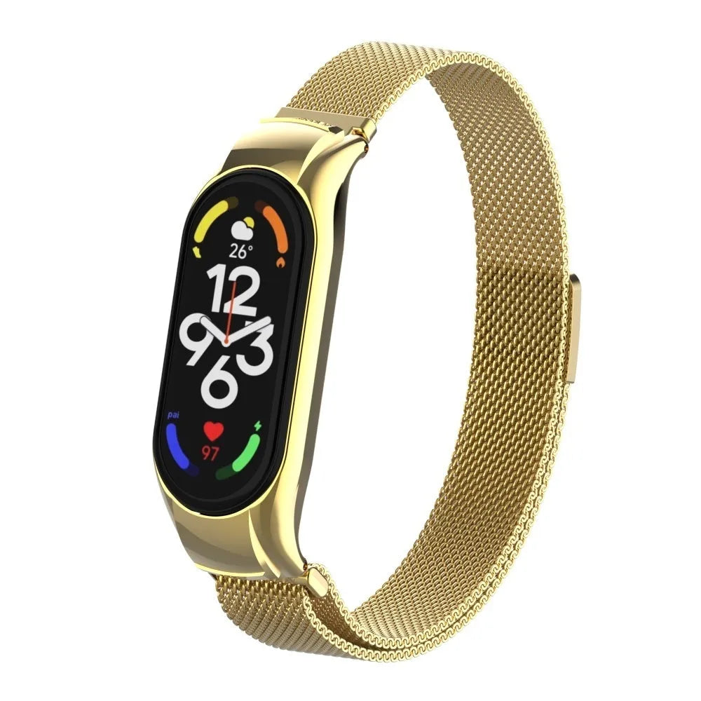 Milanese Strap, gold, on a watch, 3/4 front view