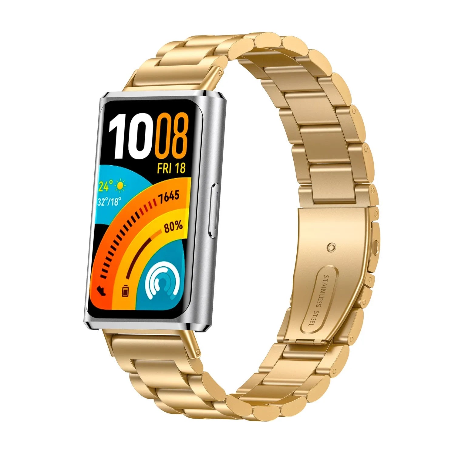 Steel Strap, gold, on a watch, 3/4 front view