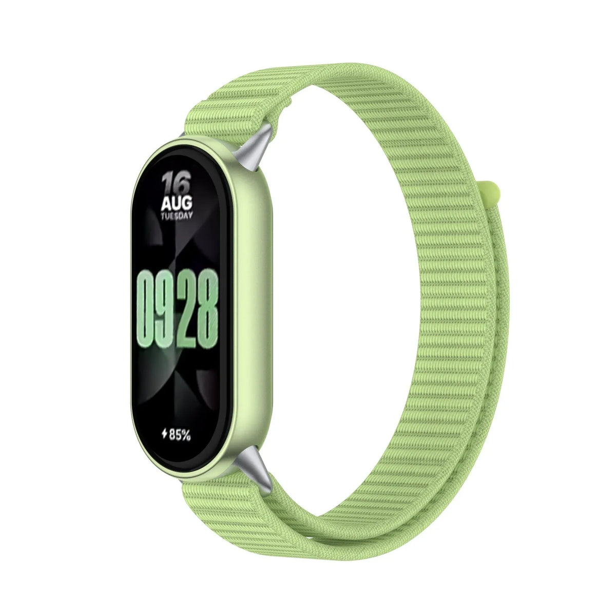 Modern Nylon Strap, field green, on a watch, 3/4 front view