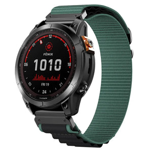 Alpine Nylon Strap, green/black, on a watch, 3/4 front view