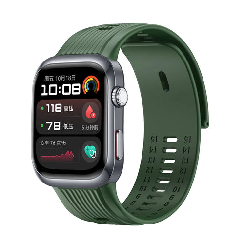 Silicone Strap, green, on a watch, 3/4 front view