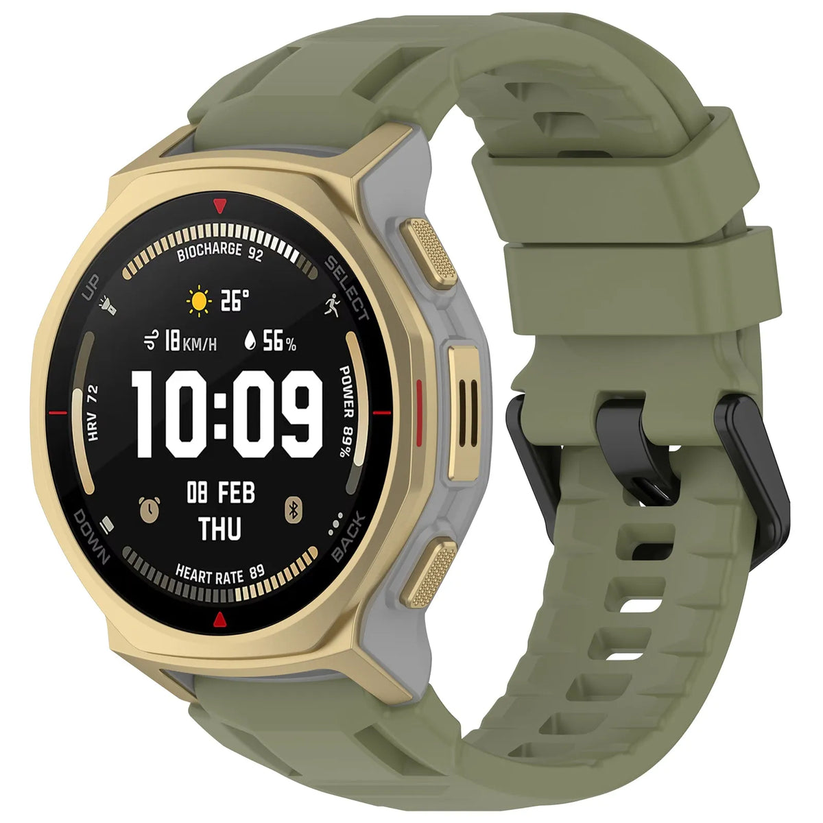Silicone Strap, green, on a watch, 3/4 front view