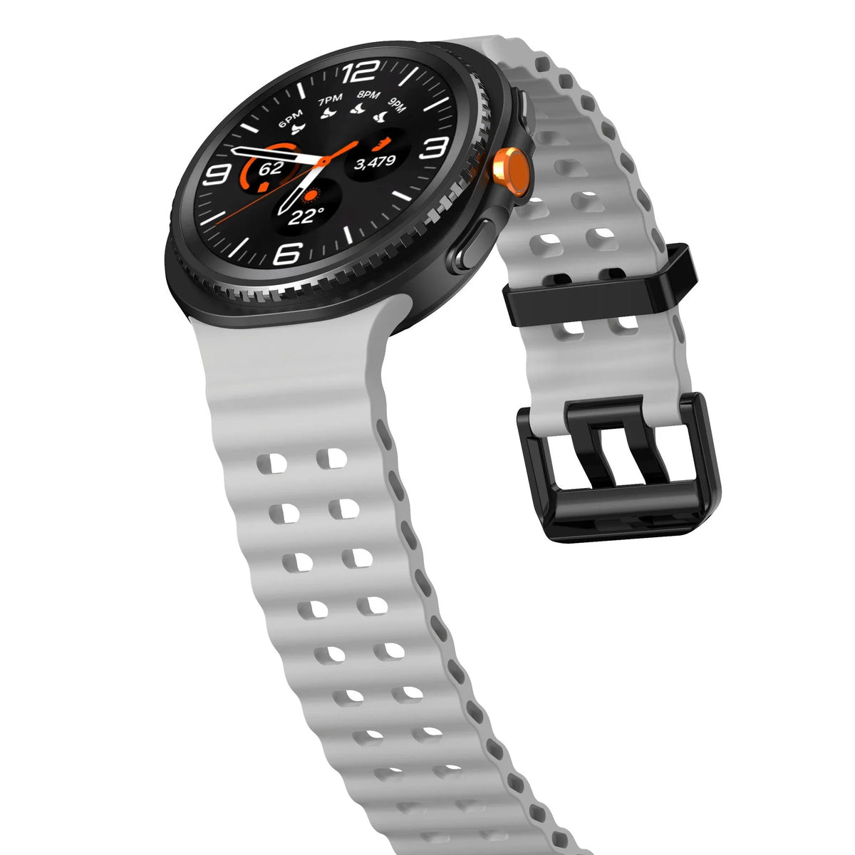 Silicone Ocean Strap, grey, on a watch, 3/4 front view