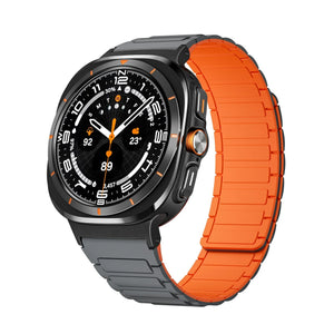 Magnetic Silicone Strap, grey/orange, on a watch, 3/4 front view