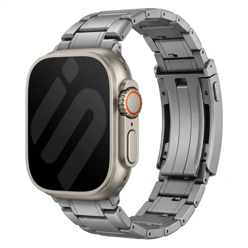 Adjustable Titanium Strap, graphite, on a watch, 3/4 front view