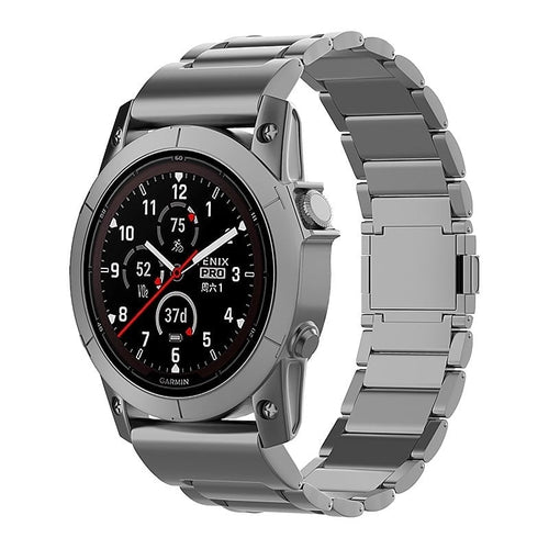 Magnetic Titanium Strap, graphite, on a watch, 3/4 front view