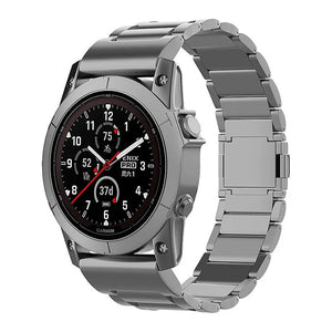 Magnetic Titanium Strap, graphite, on a watch, 3/4 front view