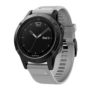 Silicone Strap, grey, on a watch, 3/4 front view