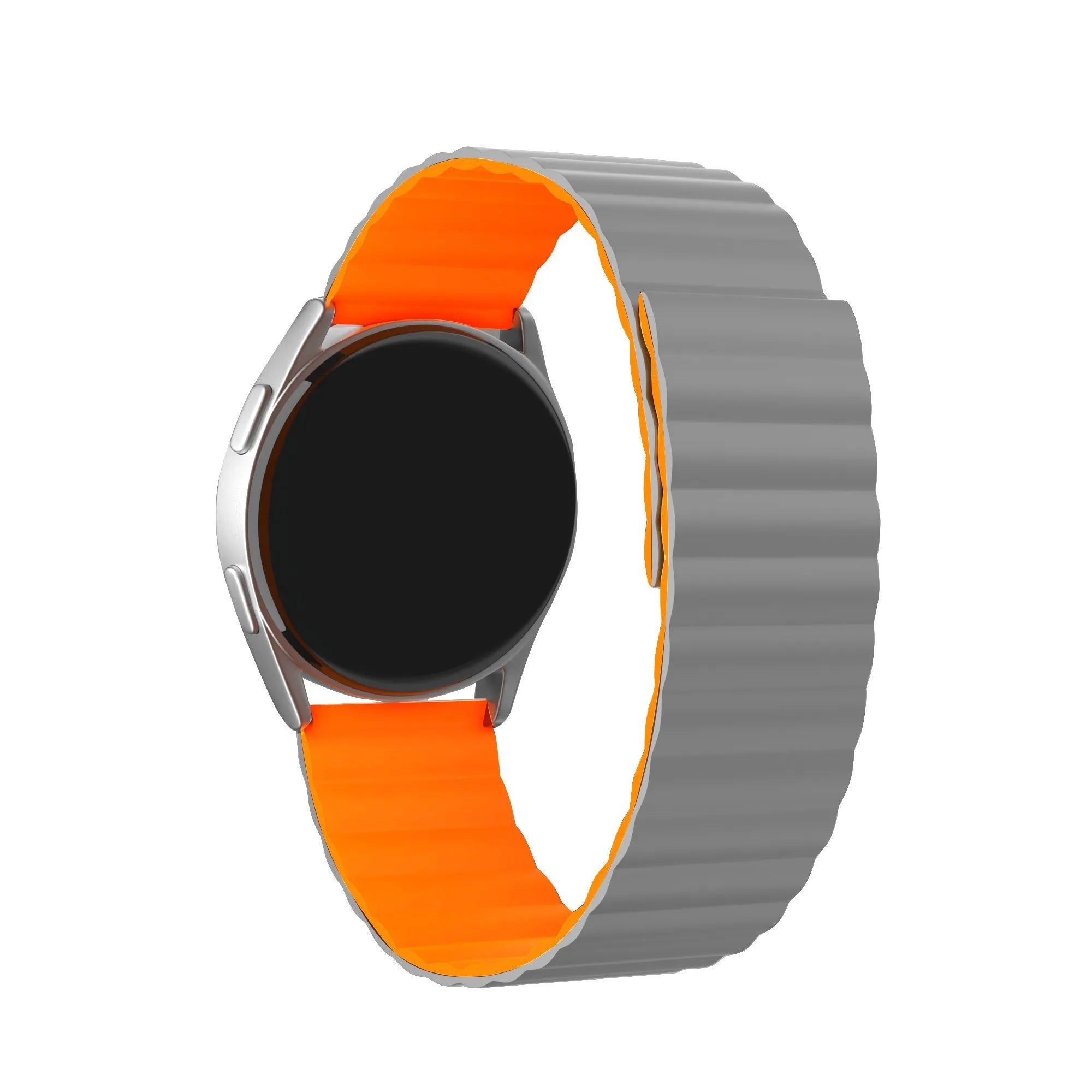 Magnetic Silicone Strap, grey/orange, on a watch, 3/4 front view