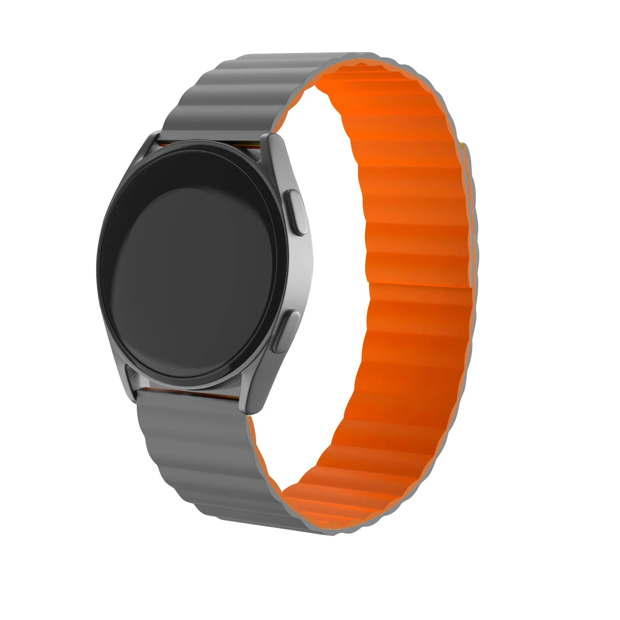 Magnetic Silicone Strap, grey/orange, on a watch, 3/4 front view