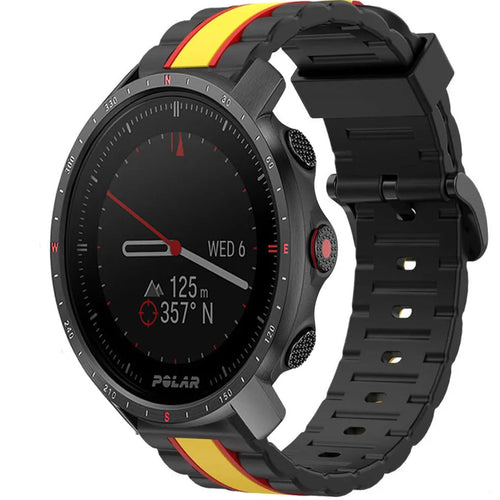Silicone Special Edition Strap, black/yellow, on a watch, 3/4 front view