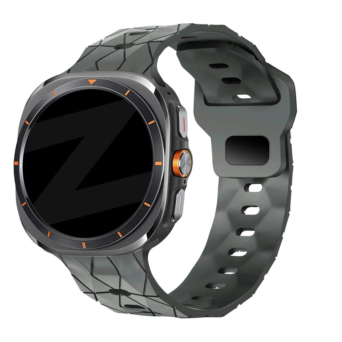 Silicone Strap Hexagons, dark grey, on a watch, 3/4 front view