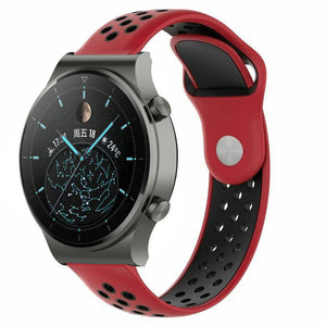 Silicone Sport Strap, red/black, on a watch, 3/4 front view