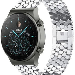 Steel Strap Hexagons, silver, on a watch, 3/4 front view