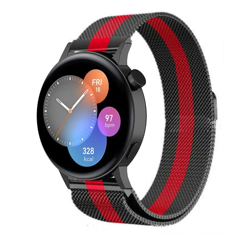 Milanese Strap, black/red, on a watch, 3/4 front view