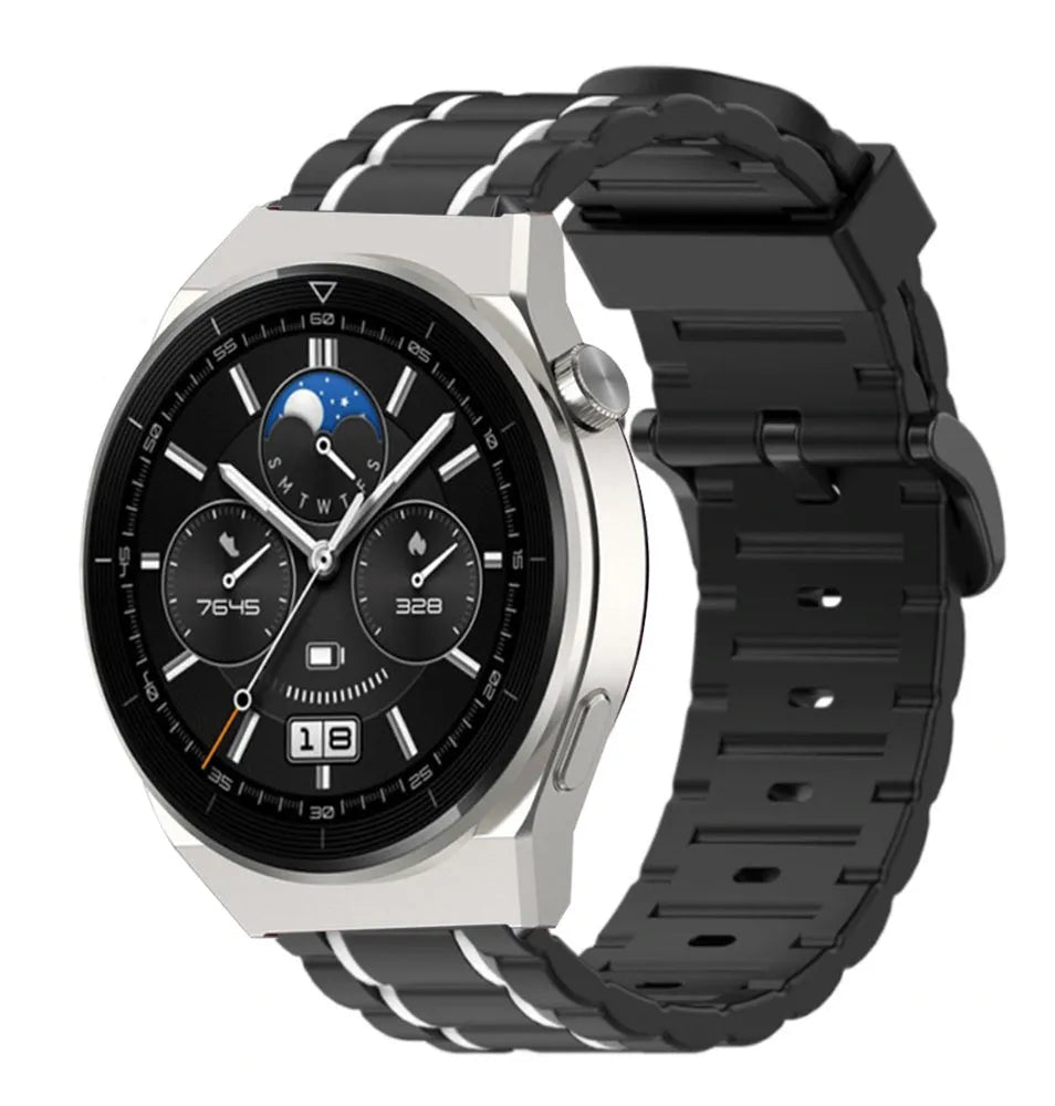 Silicone Sport Strap with Buckle, black/white, on a watch, 3/4 front view